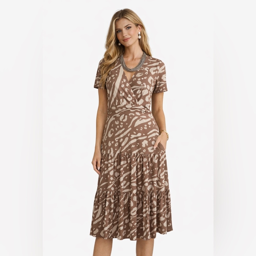CABI Swoon Dress Soft Stretch Printed Midi Womens Small Short Sleeve